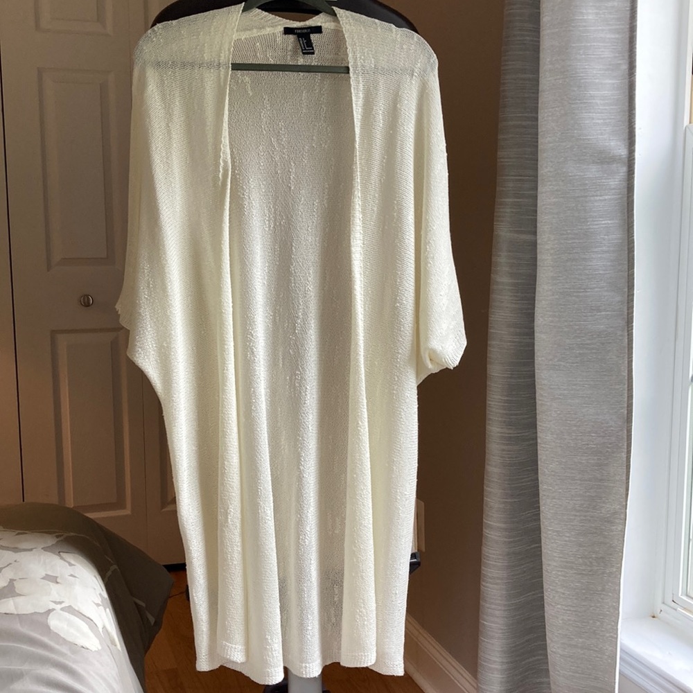 Forever 21 Cream Knit Short Sleeve Long Cardigan